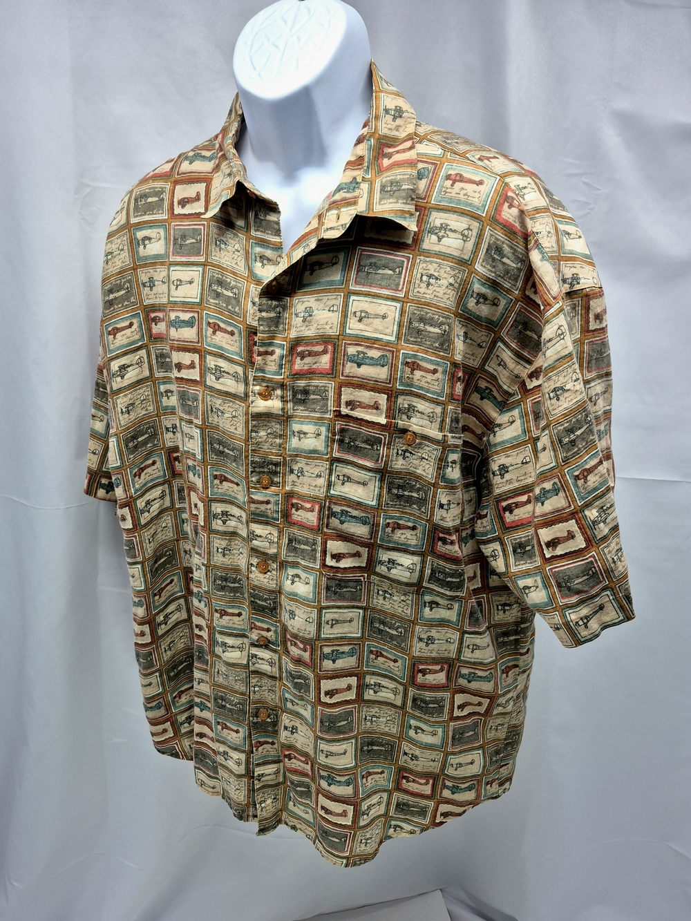 Vintage Silk Society Linen Airplane Allover Print Grid Button Down Shirt XL
